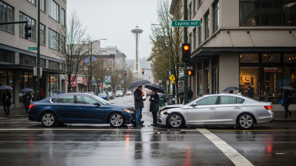 A car accident scene at a busy Capitol Hill intersection on a rainy Seattle morning. Two vehicles are pulled over safely while drivers exchange information.