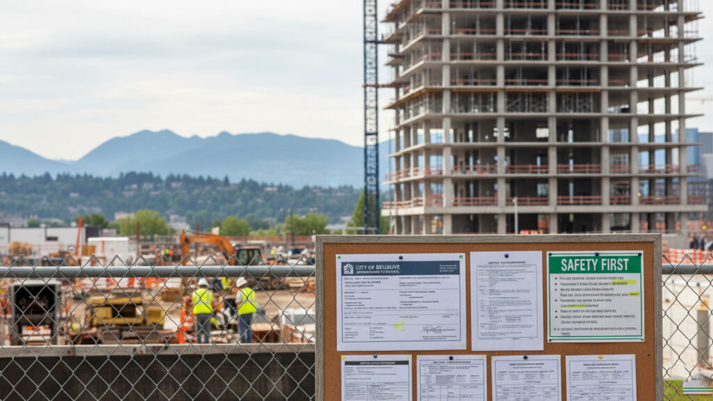 Construction site in Bellevue with permits and safety notices showing Seattle area licensing and compliance requirements